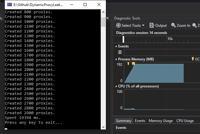 Creating 3000 proxies took 19394 milliseconds, and consumes about 192 MB of memory.