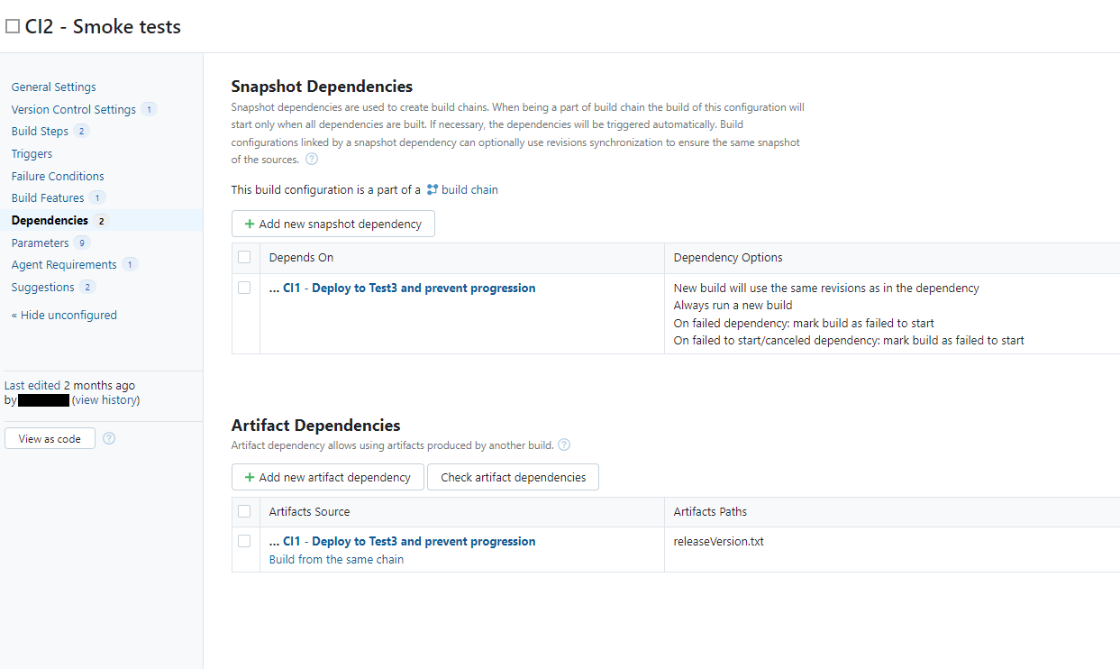 Screenshot showing how the CI2 build configuration has a snapshot dependency and an artifact dependency (pointing to the releaseVersion.txt file) on CI1. Important to note: When CI1 fails, let this one fail too.