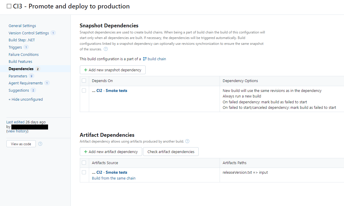 Screenshot showing how the CI3 build configuration has a snapshot dependency and an artifact dependency (pointing to the releaseVersion.txt file) on CI2. Important to note: When CI2 fails, let this one fail too.