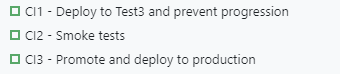Shows a list of three builds in TeamCity. They are called "CI1 - Deploy to Test3 and prevent progression", "CI2 - Smoke tests" and "CI3 - Promote and deploy to production"